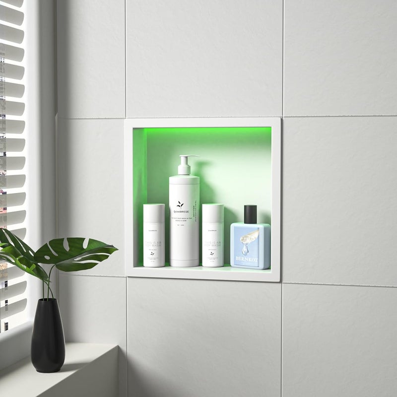 Bernkot Stainless Steel Shower Niche 12" X 12" White with RGB Light No Tile Needed Recessed Wall Led Shower Niche for Bathroom Storage Waterproof Hardwired Dimmable Over Mount Installation - Image 2